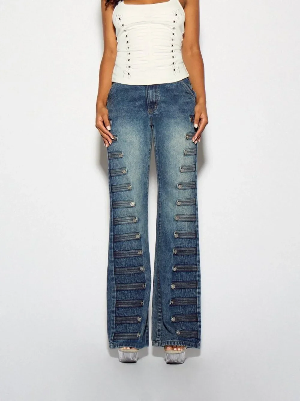 Blue Casual Women's Wide Flared Denim Jeans With Side Button Detail